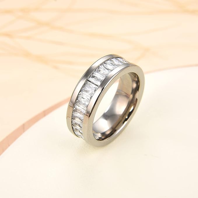 Genuine Titanium Silver 7mm Wide Ring Emerald Cut Stones Cubic Zirconia Eternity High Polished Comfort Fit.