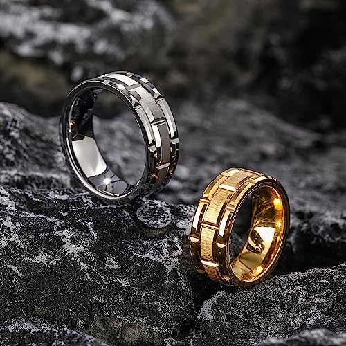 Genuine Tungsten Carbide 8mm CASUAL & MODERN: Gold Brick band for a bride or groom High finish polished beveled edge comfort fit wedding band Size 6-15