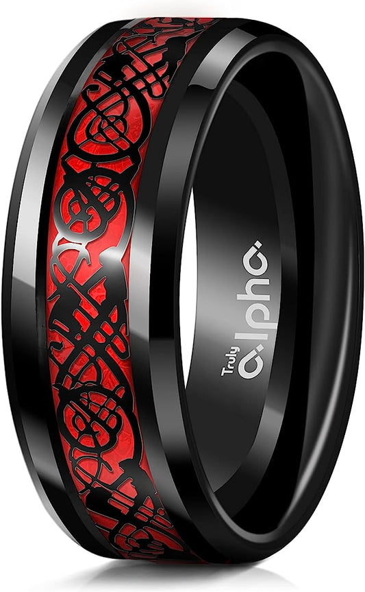 Genuine Carbide Tungsten Color: BLACK Celtic Dragon RED Carbon Fiber 8mm RING Polished Shiny Comfort Fit Wedding Band Size Size 6-15