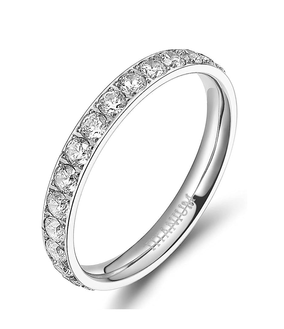 Genuine Titanium Silver 3mm Wide Ring Cubic Zirconia Eternity High Polished Comfort Fit.