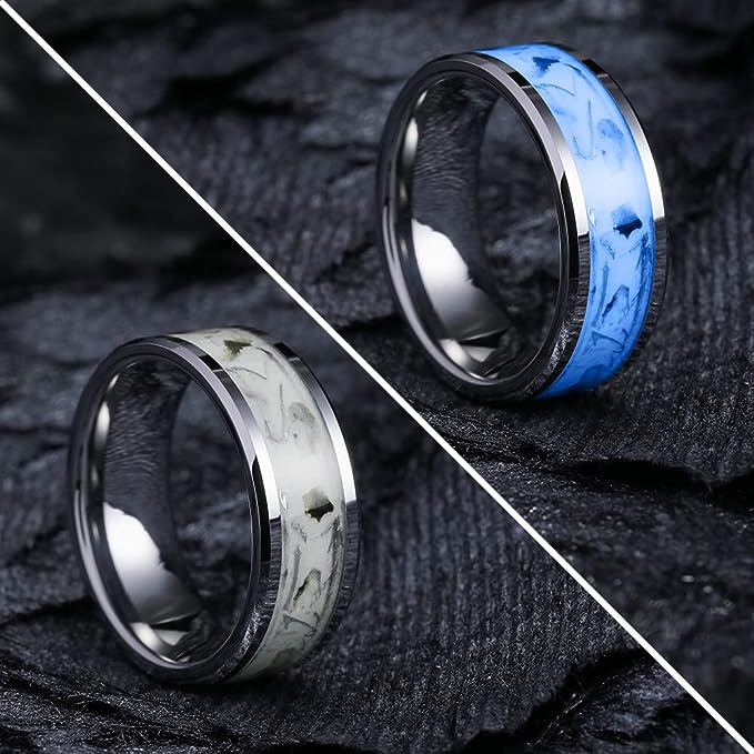 Genuine Carbide Tungsten Color: 8mm SILVER WHITE GLOWS AT NIGHT Inlay High polished inner-face design smooth and shiny. Comfort Fit Wedding Band Size 6-15