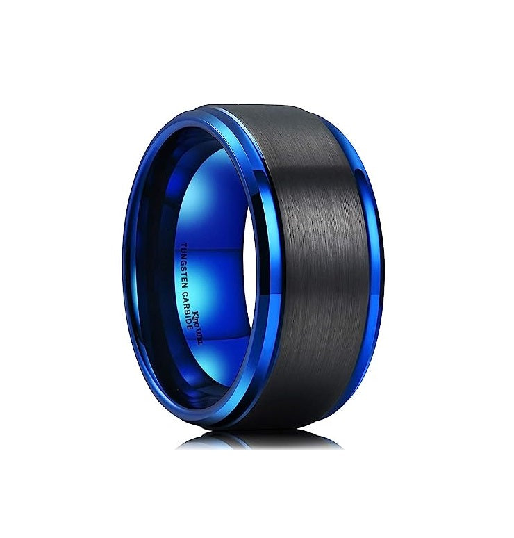 Genuine Carbide Tungsten Color: BLUE/BLACK Brushed 10mm RING Polished Shiny Comfort Fit Wedding Band Size 6-15