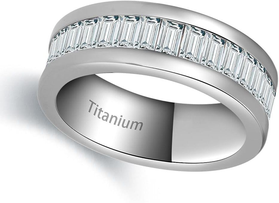 Genuine Titanium Silver 7mm Wide Ring Emerald Cut Stones Cubic Zirconia Eternity High Polished Comfort Fit.