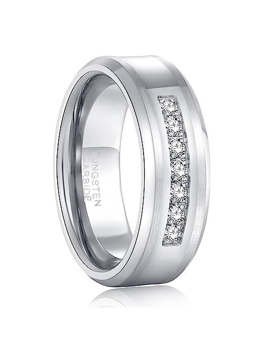 Genuine Carbide Tungsten Color: 8mm Cubic Zirconia and Silver inner high polished inner-face design smooth and shiny. Comfort Fit Wedding Band Size 6-15