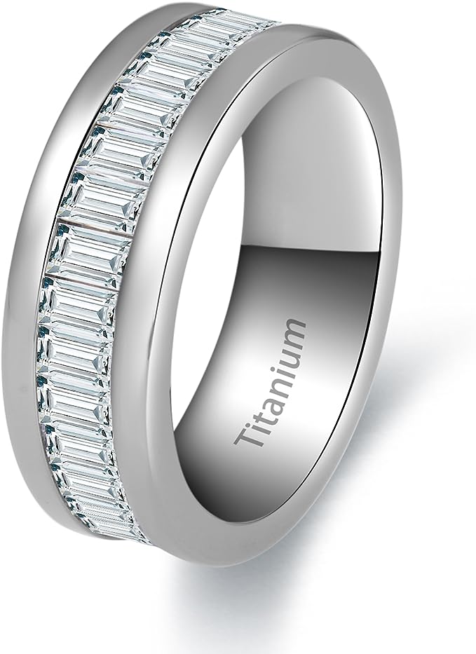 Genuine Titanium Silver 7mm Wide Ring Emerald Cut Stones Cubic Zirconia Eternity High Polished Comfort Fit.