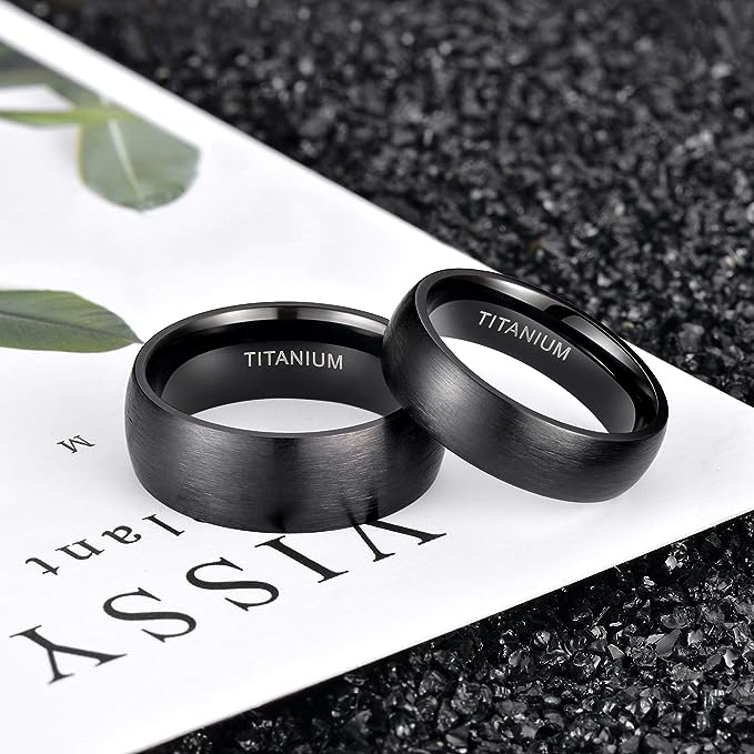 Genuine Titanium Brushed Black 6mm Wide Dome Ring Wedding Band High Polished Comfort Fit.