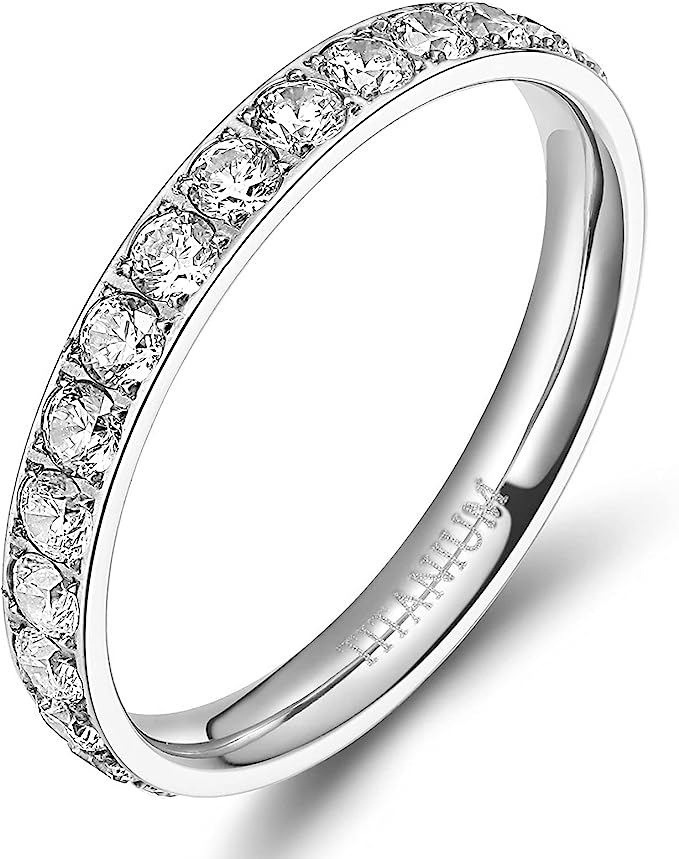 Genuine Titanium Silver 3mm Wide Ring Cubic Zirconia Eternity High Polished Comfort Fit.