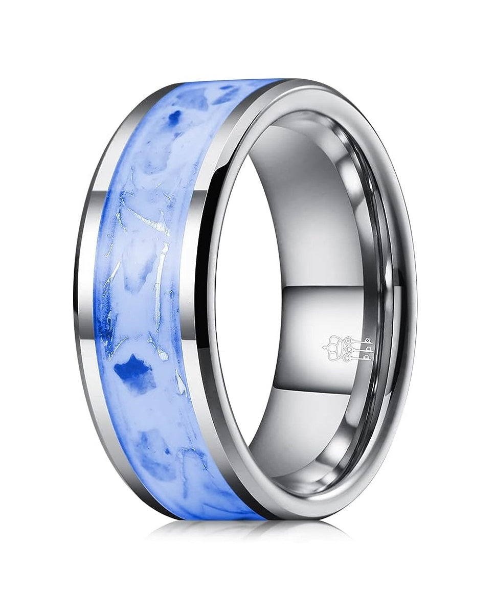 Genuine Carbide Tungsten Color: 8mm SILVER WHITE GLOWS AT NIGHT Inlay High polished inner-face design smooth and shiny. Comfort Fit Wedding Band Size 6-15