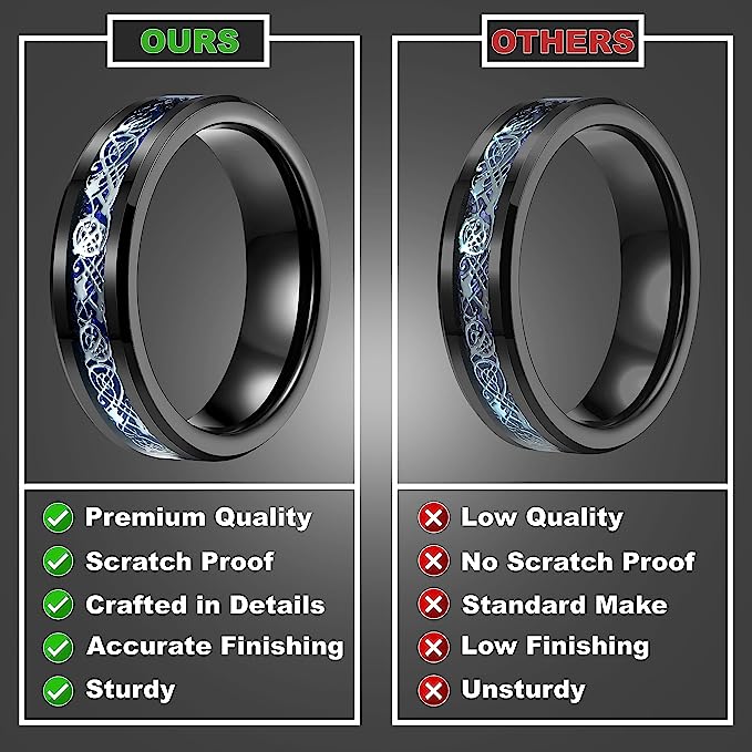 Genuine Carbide Tungsten Color: BLACK Celtic Dragon BLUE Carbon Fiber 6mm RING Polished Shiny Comfort Fit Wedding Band Size Size 6-15