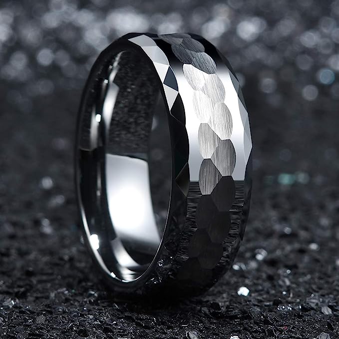 Genuine Carbide Tungsten Color: 8mm Silver Hammered RING Multi-Faceted High Polish inner face makes it smooth and shiny Comfort Fit Wedding Band Size 6-15