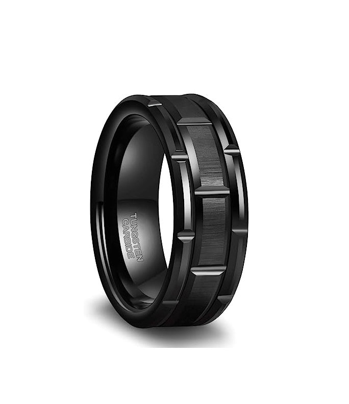 Genuine Tungsten Carbide 8mm CASUAL & MODERN: Black Brick band for a bride or groom High finish polished beveled edge comfort fit wedding band Size 6-15