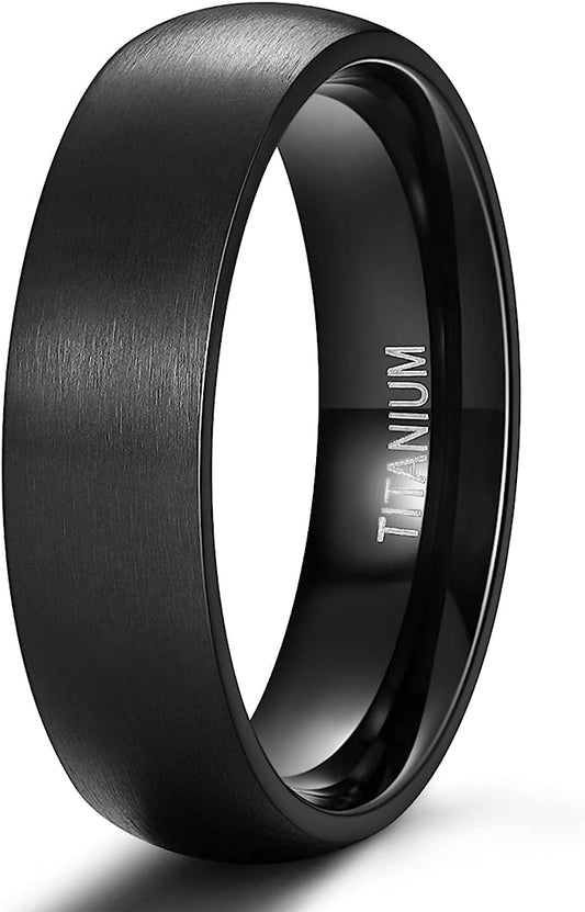 Genuine Titanium Brushed Black 6mm Wide Dome Ring Wedding Band High Polished Comfort Fit.