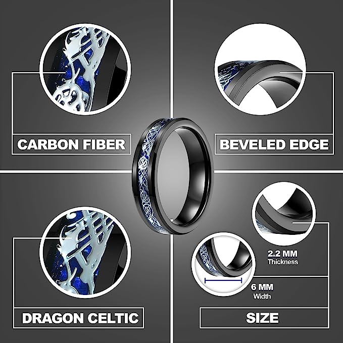 Genuine Carbide Tungsten Color: BLACK Celtic Dragon BLUE Carbon Fiber 6mm RING Polished Shiny Comfort Fit Wedding Band Size Size 6-15