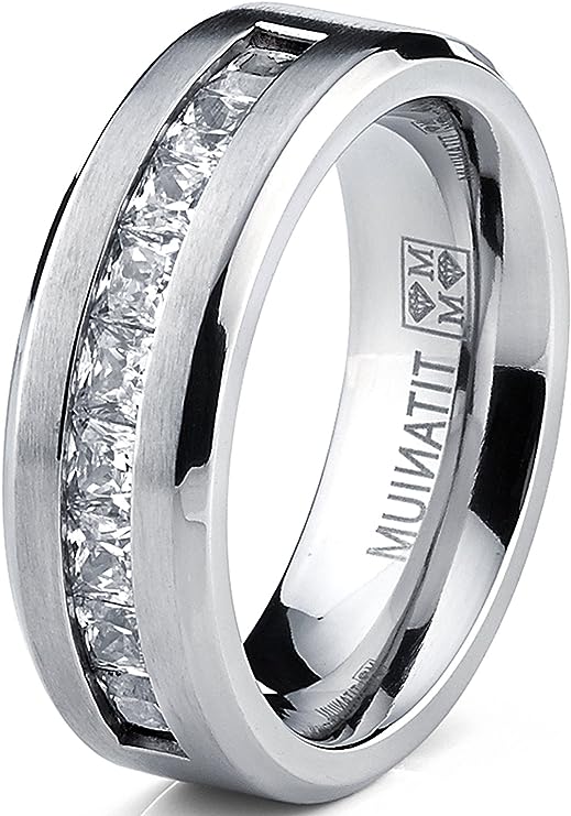 Genuine Titanium Silver 8mm Wide Ring 9 Large Prince Cut Stones Cubic Zirconia Eternity High Polished Comfort Fit.