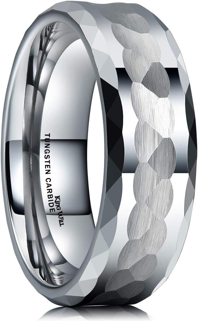 Genuine Carbide Tungsten Color: 8mm Silver Hammered RING Multi-Faceted High Polish inner face makes it smooth and shiny Comfort Fit Wedding Band Size 6-15