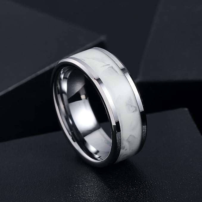 Genuine Carbide Tungsten Color: 8mm SILVER WHITE GLOWS AT NIGHT Inlay High polished inner-face design smooth and shiny. Comfort Fit Wedding Band Size 6-15