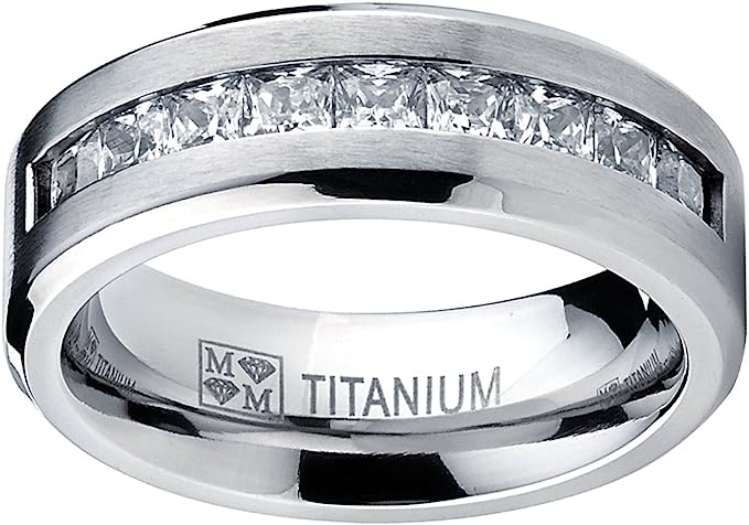 Genuine Titanium Silver 8mm Wide Ring 9 Large Prince Cut Stones Cubic Zirconia Eternity High Polished Comfort Fit.