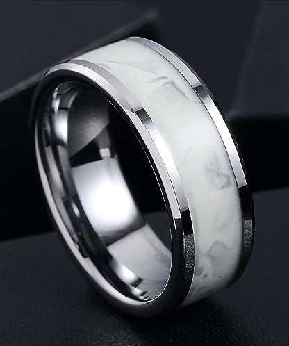 Genuine Carbide Tungsten Color: 8mm SILVER WHITE GLOWS AT NIGHT Inlay High polished inner-face design smooth and shiny. Comfort Fit Wedding Band Size 6-15