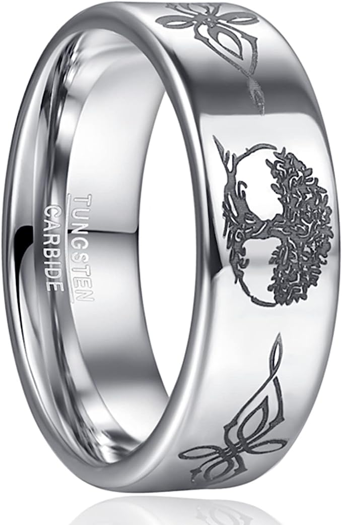 Genuine Carbide Tungsten Color: SILVER TREE OF LIFE LASOR inlay, 8mm RING Polished Shiny Comfort Fit Wedding Band Size Size 6-15