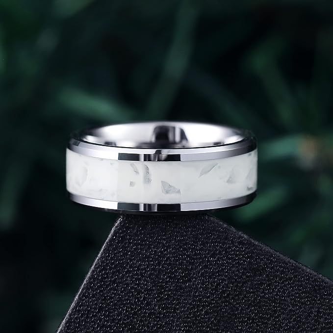 Genuine Carbide Tungsten Color: 8mm SILVER WHITE GLOWS AT NIGHT Inlay High polished inner-face design smooth and shiny. Comfort Fit Wedding Band Size 6-15