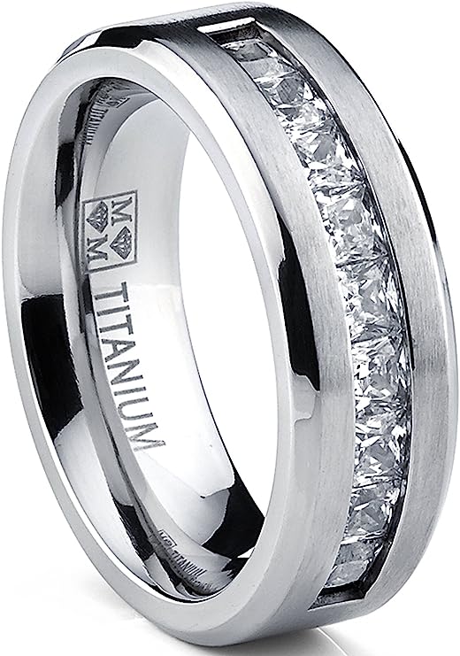 Genuine Titanium Silver 8mm Wide Ring 9 Large Prince Cut Stones Cubic Zirconia Eternity High Polished Comfort Fit.