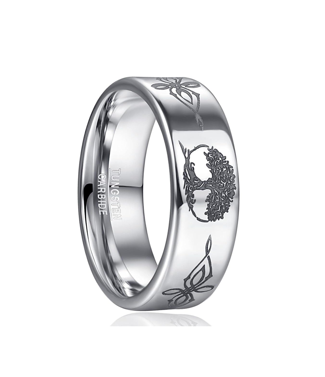 Genuine Carbide Tungsten Color: SILVER TREE OF LIFE LASOR inlay, 8mm RING Polished Shiny Comfort Fit Wedding Band Size Size 6-15