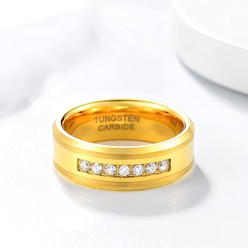 Genuine Carbide Tungsten Color: 8mm Cubic Zirconia and Gold inner high polished inner-face design smooth and shiny. Comfort Fit Wedding Band Size 6-15