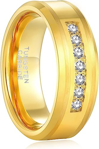 Genuine Carbide Tungsten Color: 8mm Cubic Zirconia and Gold inner high polished inner-face design smooth and shiny. Comfort Fit Wedding Band Size 6-15