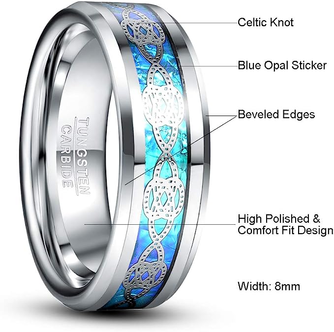 Genuine Carbide Tungsten Color: Blue opal & silver Celtic knots inlay, 8mm RING Polished Shiny Comfort Fit Wedding Band Size Size 6-15