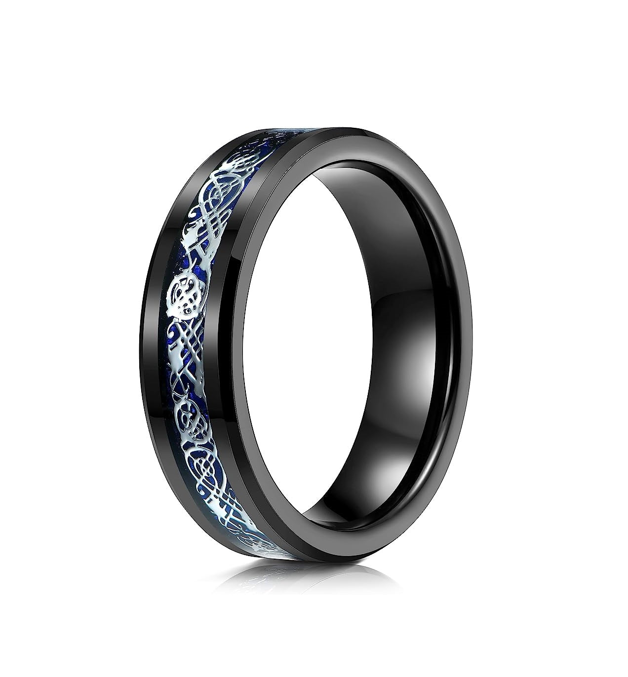 Genuine Carbide Tungsten Color: BLACK Celtic Dragon BLUE Carbon Fiber 6mm RING Polished Shiny Comfort Fit Wedding Band Size Size 6-15