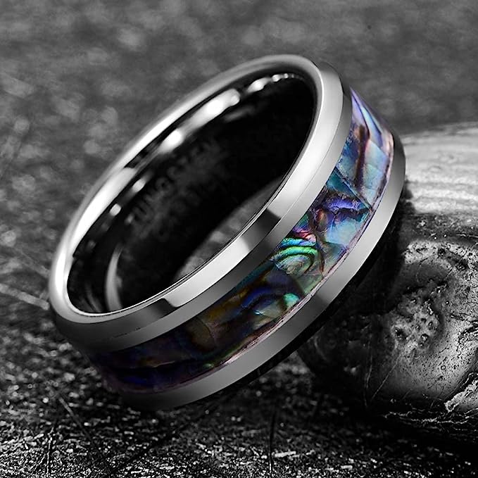 Genuine Carbide Tungsten Color: 8mm RING Natural Abalone Shel Silver Inner high polished inner-face design smooth and shiny. Comfort Fit Wedding Band Size 6-15