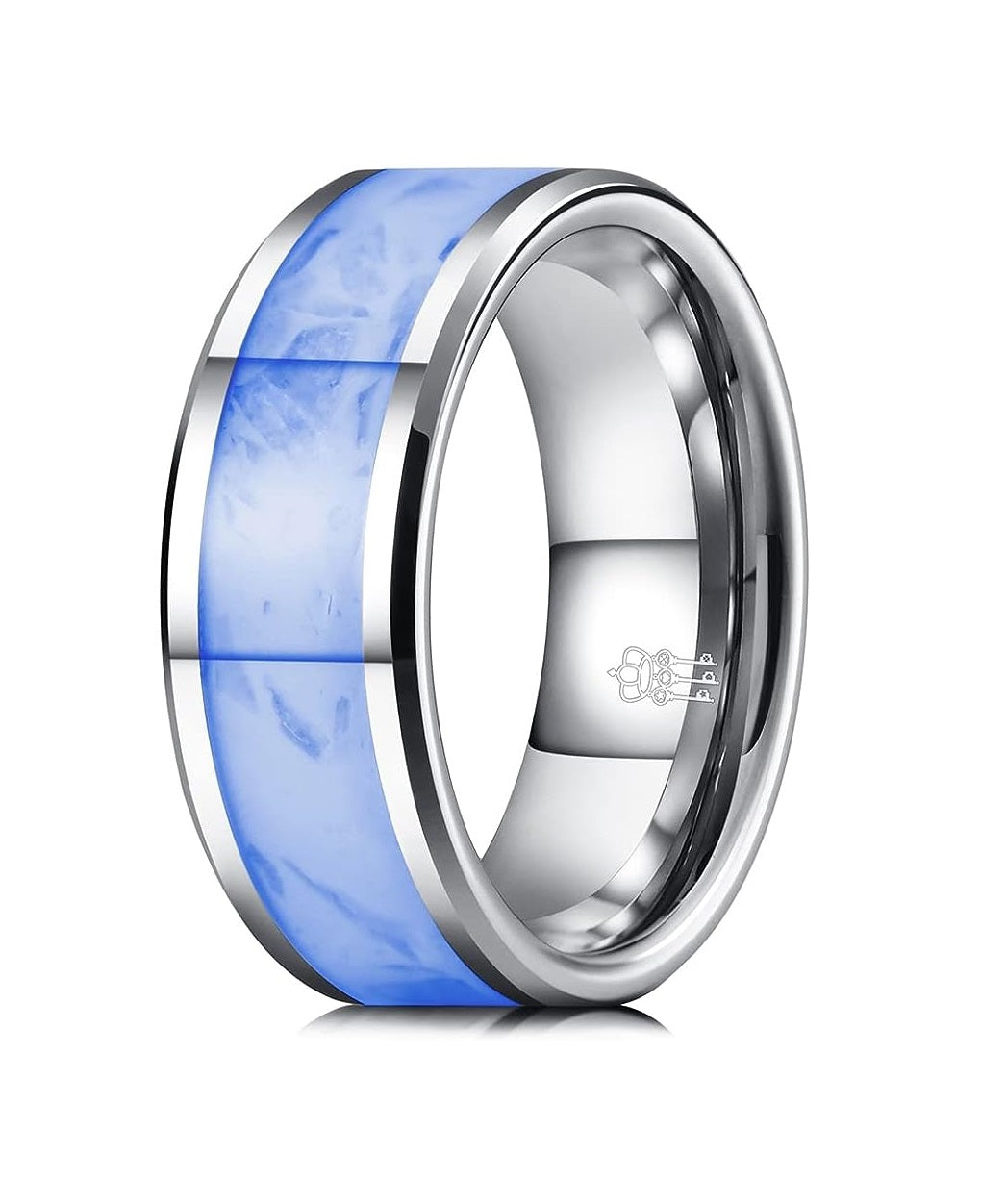 Genuine Carbide Tungsten Color: 8mm SILVER WHITE GLOWS AT NIGHT Inlay High polished inner-face design smooth and shiny. Comfort Fit Wedding Band Size 6-15