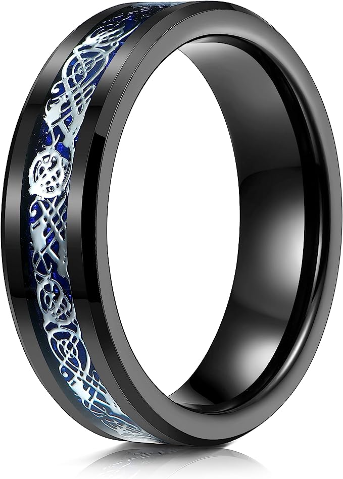 Genuine Carbide Tungsten Color: BLACK Celtic Dragon BLUE Carbon Fiber 6mm RING Polished Shiny Comfort Fit Wedding Band Size Size 6-15