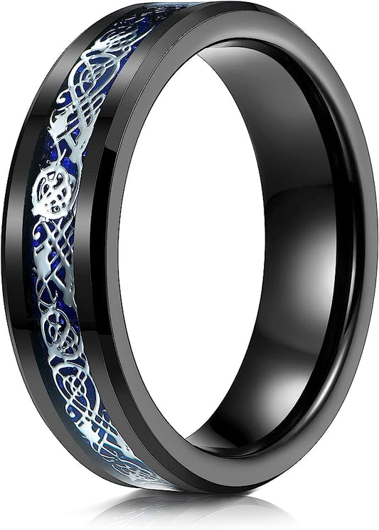 Genuine Carbide Tungsten Color: BLACK Celtic Dragon BLUE Carbon Fiber 6mm RING Polished Shiny Comfort Fit Wedding Band Size Size 6-15