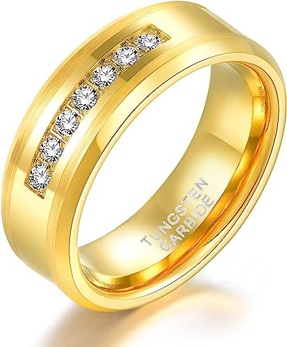 Genuine Carbide Tungsten Color: 8mm Cubic Zirconia and Gold inner high polished inner-face design smooth and shiny. Comfort Fit Wedding Band Size 6-15