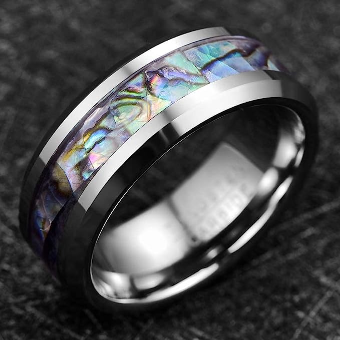 Genuine Carbide Tungsten Color: 8mm RING Natural Abalone Shel Silver Inner high polished inner-face design smooth and shiny. Comfort Fit Wedding Band Size 6-15