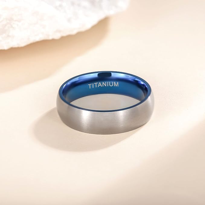 Genuine Titanium Silver Brushed Blue 6mm Wide Dome Ring Wedding Band High Polished Comfort Fit.