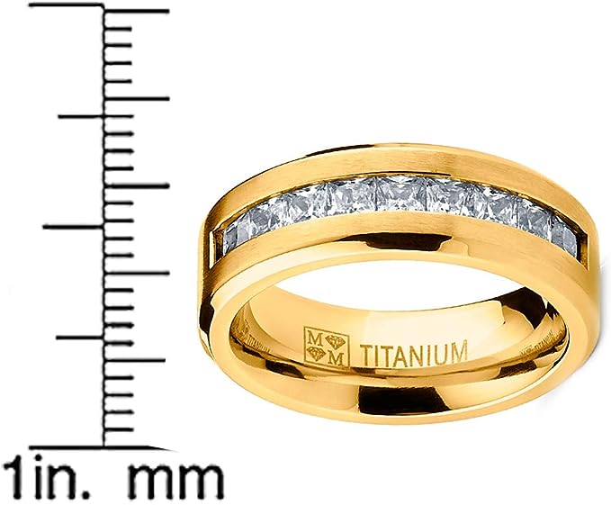 Genuine Titanium Gold Tone 8mm Wide Ring 9 Large Prince Cut Stones Cubic Zirconia Eternity High Polished Comfort Fit.