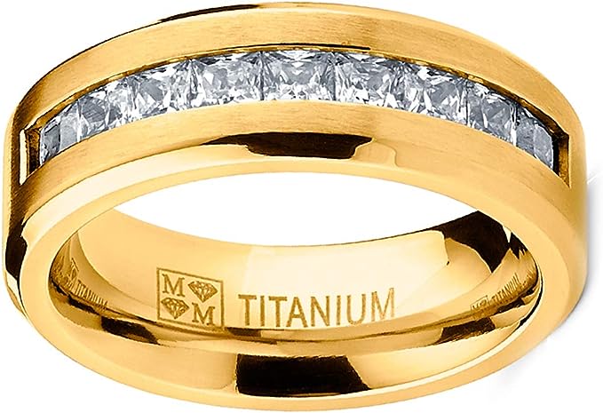 Genuine Titanium Gold Tone 8mm Wide Ring 9 Large Prince Cut Stones Cubic Zirconia Eternity High Polished Comfort Fit.