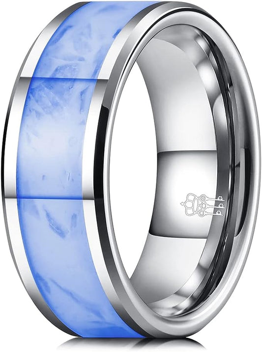 Genuine Carbide Tungsten Color: 8mm SILVER WHITE GLOWS AT NIGHT Inlay High polished inner-face design smooth and shiny. Comfort Fit Wedding Band Size 6-15