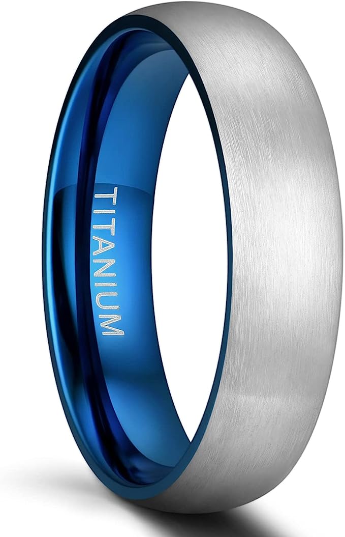 Genuine Titanium Silver Brushed Blue 6mm Wide Dome Ring Wedding Band High Polished Comfort Fit.