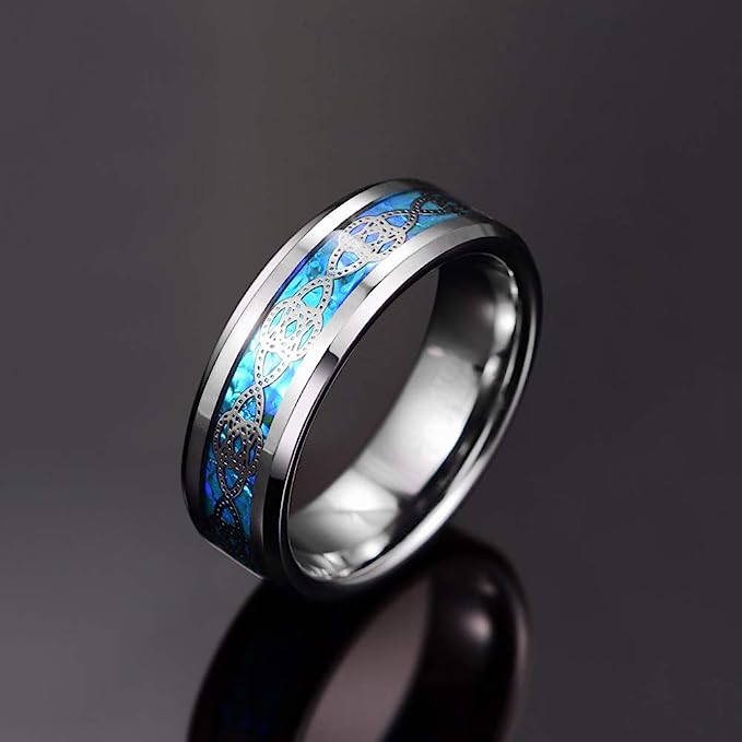 Genuine Carbide Tungsten Color: Blue opal & silver Celtic knots inlay, 8mm RING Polished Shiny Comfort Fit Wedding Band Size Size 6-15