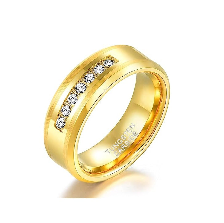 Genuine Carbide Tungsten Color: 8mm Cubic Zirconia and Gold inner high polished inner-face design smooth and shiny. Comfort Fit Wedding Band Size 6-15