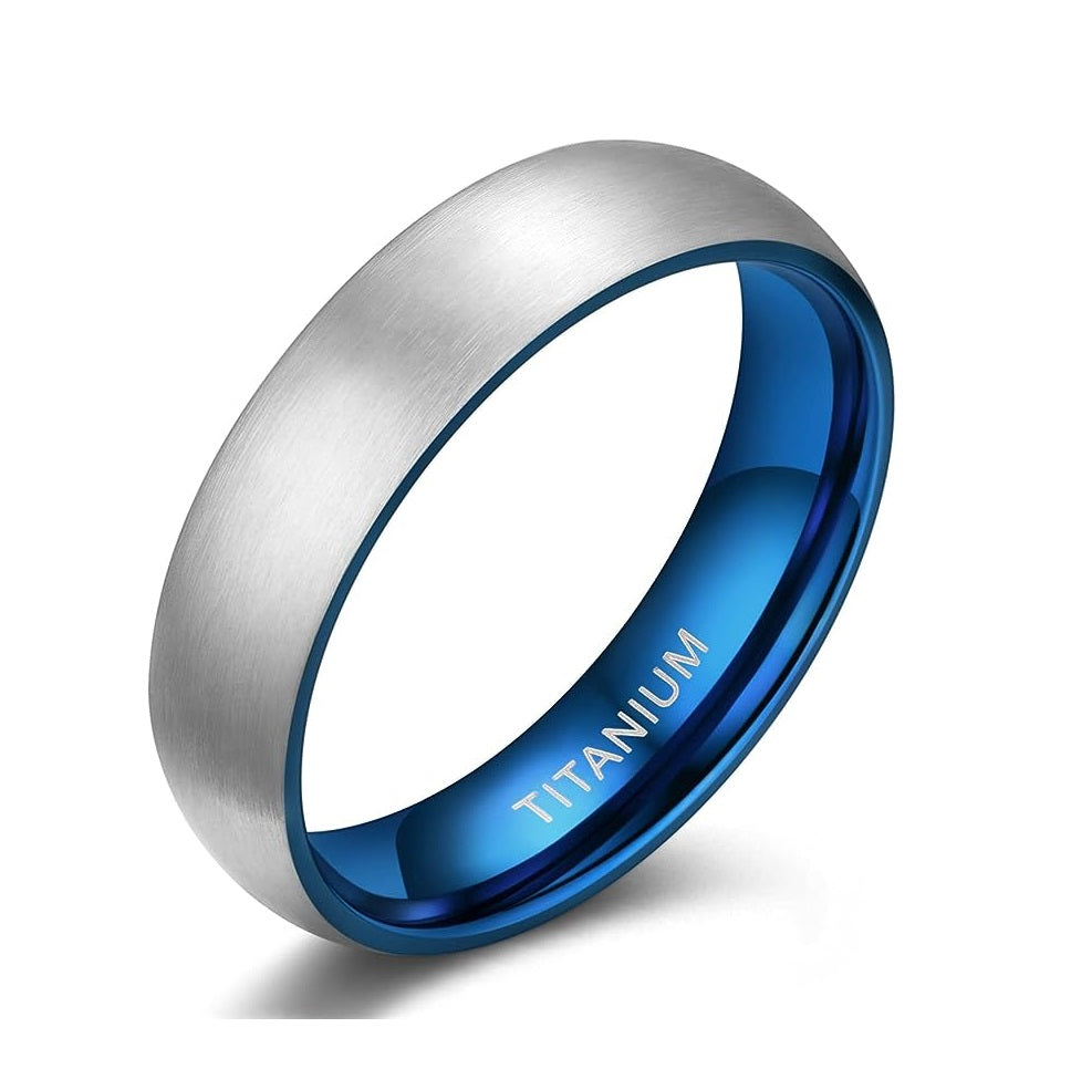 Genuine Titanium Silver Brushed Blue 6mm Wide Dome Ring Wedding Band High Polished Comfort Fit.