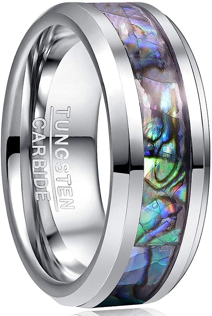 Genuine Carbide Tungsten Color: 8mm RING Natural Abalone Shel Silver Inner high polished inner-face design smooth and shiny. Comfort Fit Wedding Band Size 6-15