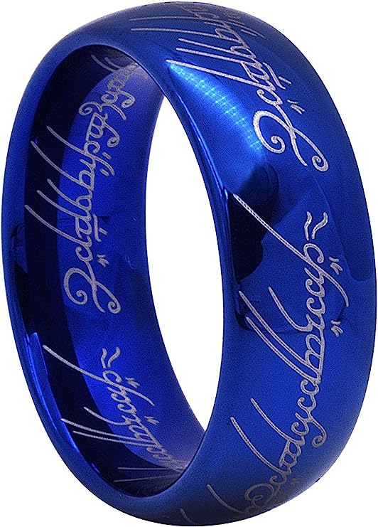 Genuine Carbide Tungsten Color: BLUE 8mm with Laser engraving pattern Lasered Gorgeous Stunning Polished Shiny Comfort Fit Wedding Band Size Size 6-15 Classic dome