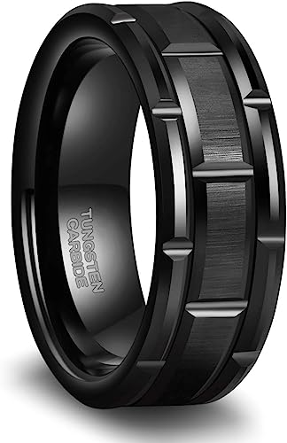 Genuine Tungsten Carbide 8mm CASUAL & MODERN: Black Brick band for a bride or groom High finish polished beveled edge comfort fit wedding band Size 6-15