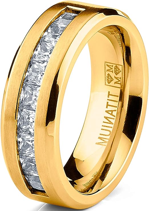 Genuine Titanium Gold Tone 8mm Wide Ring 9 Large Prince Cut Stones Cubic Zirconia Eternity High Polished Comfort Fit.