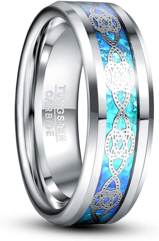 Genuine Carbide Tungsten Color: Blue opal & silver Celtic knots inlay, 8mm RING Polished Shiny Comfort Fit Wedding Band Size Size 6-15