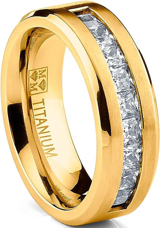 Genuine Titanium Gold Tone 8mm Wide Ring 9 Large Prince Cut Stones Cubic Zirconia Eternity High Polished Comfort Fit.